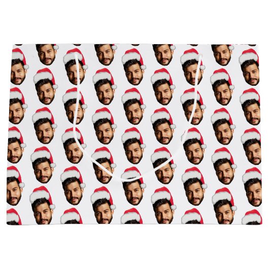 おもしろいカスタム顔フォトサンタヘッドクリスマス ラージペーパーバッグ (正面)