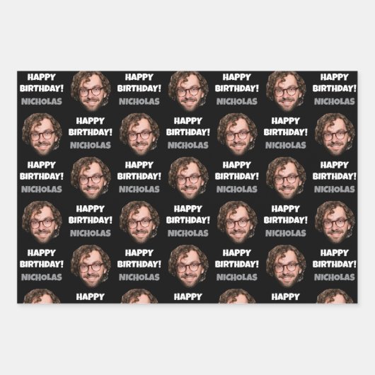 おもしろいカスタム顔写真ハッピーバースデー白黒 ラッピングペーパーシート (正面3)