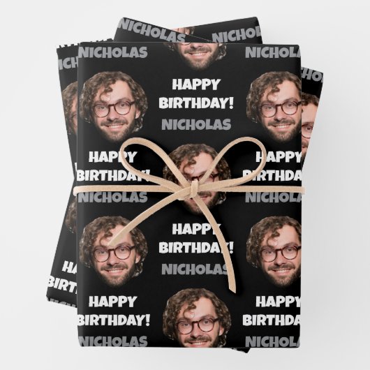 おもしろいカスタム顔写真ハッピーバースデー白黒 ラッピングペーパーシート (インサイチュ)