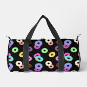 おもしろいカッコいいカラフルドーナツのパターン黒 ダッフルバッグ (正面)