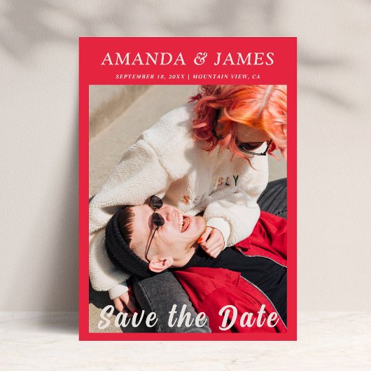 おもしろいカップル写真ホットピンクタイポグラフィ日付を保存 招待状