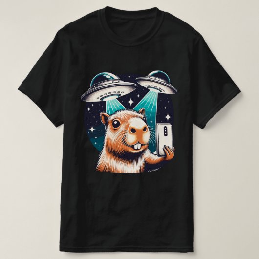 おもしろいカピバラ , カピバラのUFOとのセルフィー Tシャツ (デザイン正面)