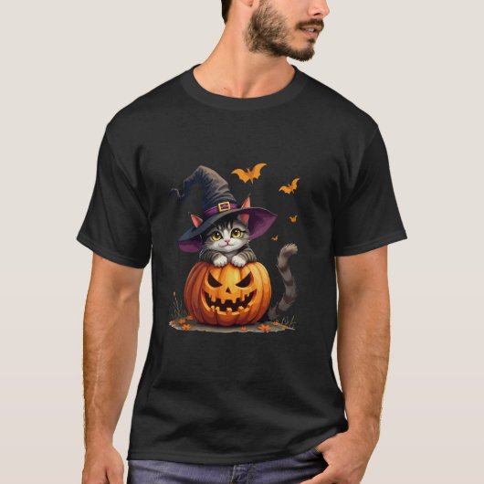 おもしろいカボチャの可愛い猫ハロウィーン魔女猫の値リスト Tシャツ (正面)