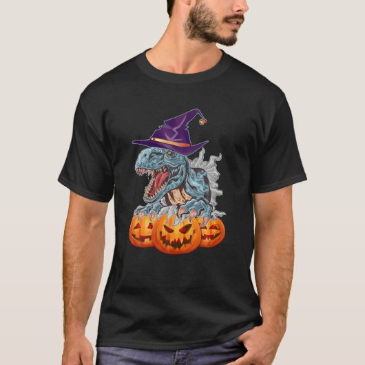 おもしろいカボチャ付き恐竜不気味魔女帽 Tシャツ (正面)