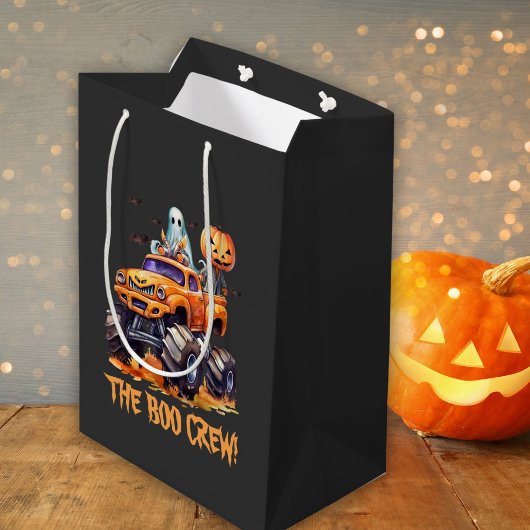 おもしろいカボチャ可愛いモンスタートラックモダンハロウィン ミディアムペーパーバッグ