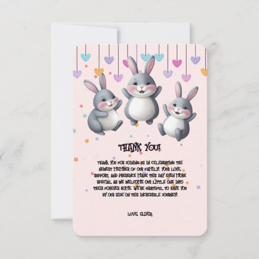 おもしろいカラフルかわいいホッパーズバニーベビーシャワー サンキューカード (正面)