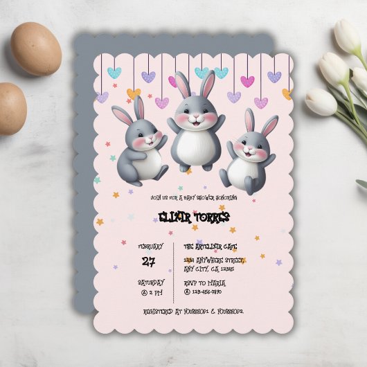おもしろいカラフルかわいいホッパーズバニーベビーシャワー 招待状