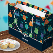 おもしろいカラフルエイリアンパタ子供へーン(青パーティー) ラージペーパーバッグ