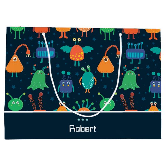 おもしろいカラフルエイリアンパタ子供へーン(青パーティー) ラージペーパーバッグ (裏面)