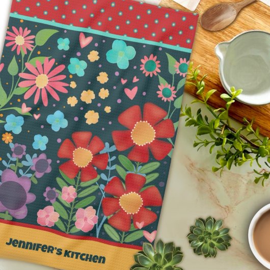 おもしろいカラフルカスタマイズ名かわいいフローラ キッチンタオル