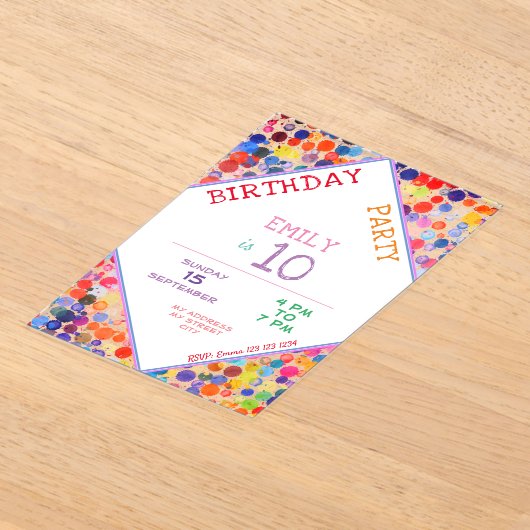 おもしろいカラフルカラー絵を描ブロット子供の誕生日 アクリル招待状 (レイダウン)