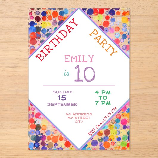おもしろいカラフルカラー絵を描ブロット子供の誕生日 アクリル招待状 (正面)