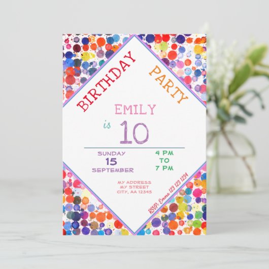 おもしろいカラフルカラー絵を描ブロット子供の誕生日 招待状 (スタンド正面)