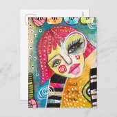 おもしろいカラフルガールピンクヘア白黒ストライプおもしろい ポストカード (正面/裏面)