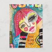 おもしろいカラフルガールピンクヘア白黒ストライプおもしろい ポストカード (正面)