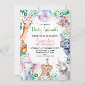 おもしろいカラフルサファリパーティー動物誕生日 招待状 (正面)