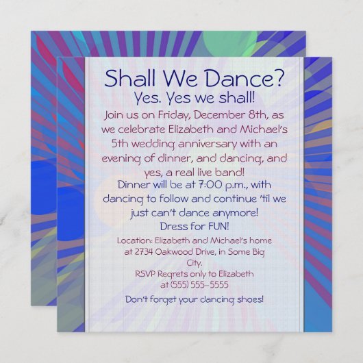 おもしろいカラフルディナーダンス記念日 招待状 (正面/裏面)