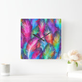 おもしろいカラフルトレンディーパターン（の模様が）ある羽 スクエア壁時計 (ホーム)