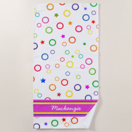 おもしろいカラフルバブルと星(NAME on WHITE) ビーチタオル