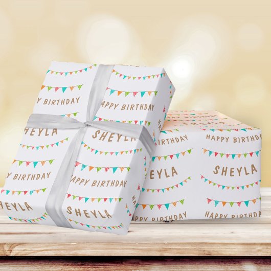 おもしろいカラフルバンティングフラグ名ハッピーバースデー ラッピングペーパー
