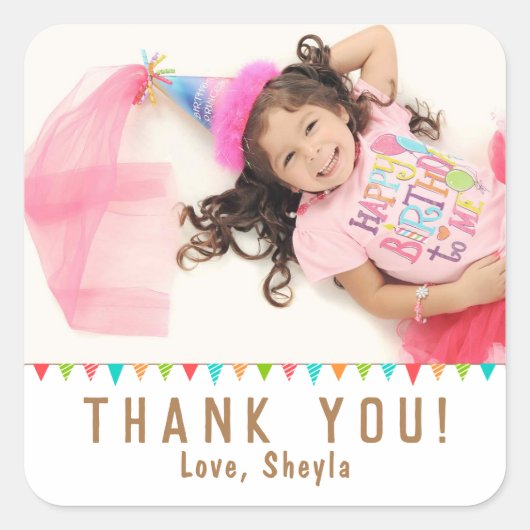 おもしろいカラフルバンティング国旗の誕生日写真ありがとう スクエアシール (正面)