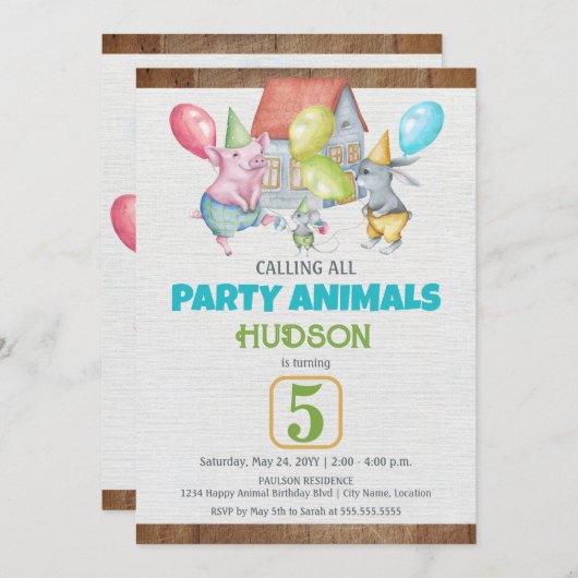 おもしろいカラフルパーティーアニマルズボーイ誕生日 招待状