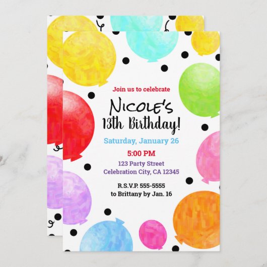 おもしろいカラフルパーティーバルーン誕生祝い 招待状 (正面/裏面)