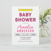 おもしろいカラフルピンクと黄色の赤モダンちゃんシャワー 招待状 (スタンド正面)