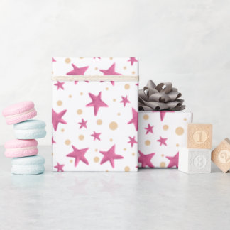 おもしろいカラフルピンクの星と黄色の円パーティー ラッピングペーパー