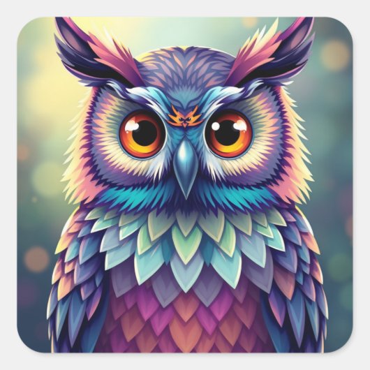おもしろいカラフルフクロウのシール スクエアシール (正面)