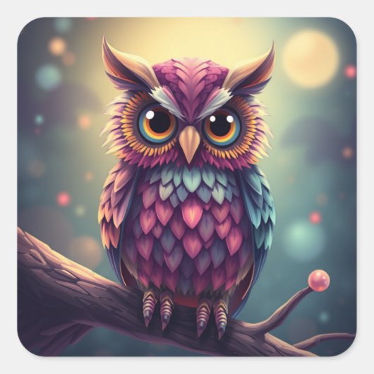 おもしろいカラフルフクロウのシール スクエアシール (正面)