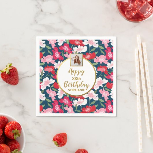おもしろいカラフルフローラ任意の年齢のカスタム写真誕生日 スタンダードカクテルナプキン (インサイチュ)