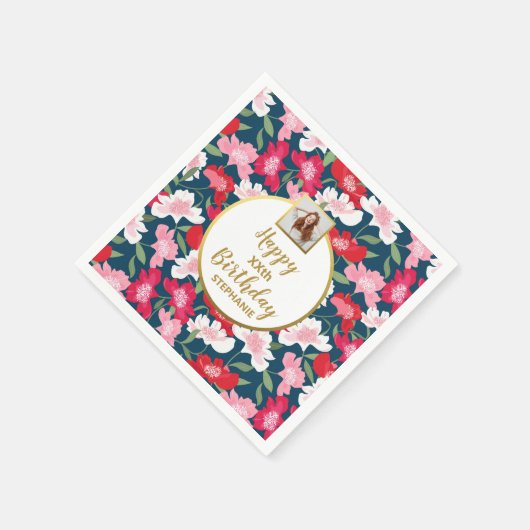 おもしろいカラフルフローラ任意の年齢のカスタム写真誕生日 スタンダードカクテルナプキン (角)