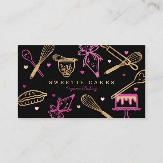 おもしろいカラフルベーキング料理器具ブラック&金ゴールド 名刺 (正面)