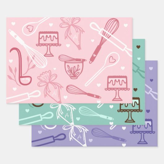おもしろいカラフルベーキング・料理器具パターン ラッピングペーパーシート (セット)