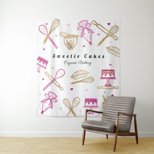 おもしろいカラフルベーキング&料理機器ホワイト&金ゴールド タペストリー (インサイチュ)