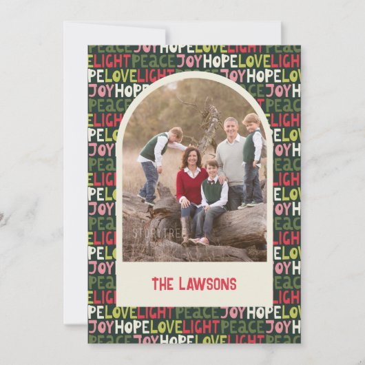 おもしろいカラフルホリデーレタリングアーチフォト シーズンカード (正面)