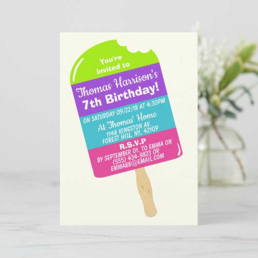 おもしろいカラフルポプシクルアエージュサマー誕生日 招待状 (スタンド正面)