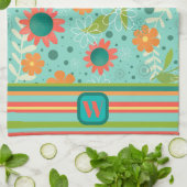 おもしろいカラフルモノグラムイニシャルストライプのフローラ キッチンタオル (折り畳み)