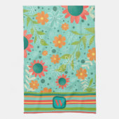 おもしろいカラフルモノグラムイニシャルストライプのフローラ キッチンタオル (縦)