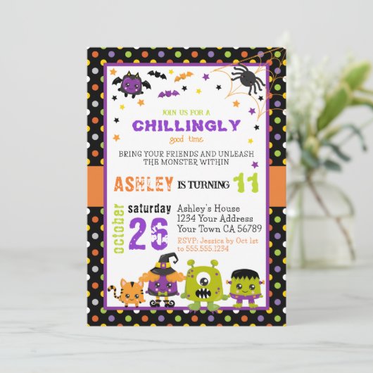 おもしろいカラフルモンスタースハロウィーン誕生日 招待状 (スタンド正面)