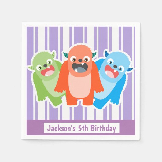 おもしろいカラフルモンスターズパーソナライズされた子供の誕生日 スタンダードカクテルナプキン (正面)