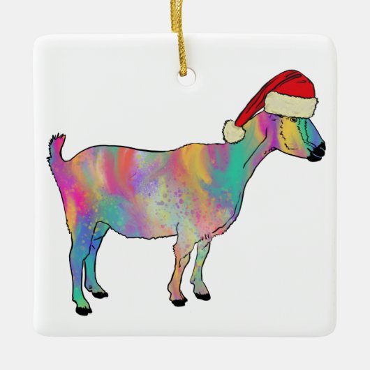 おもしろいカラフルヤギのクリスマスファームアート動物 セラミックオーナメント (正面)