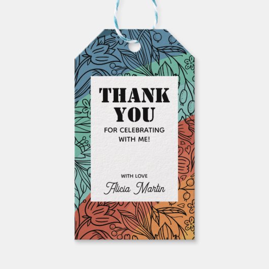 おもしろいカラフルレトログルーヴィレインボーフローラサンキュー ギフトタグ (正面)