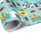 おもしろいカラフルレトロロモカメラパターン（青） ラッピングペーパー (ロールコーナー)