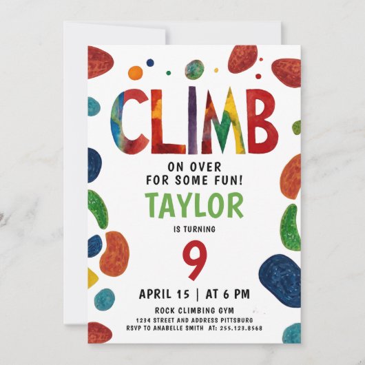 おもしろいカラフルロック登山ウォールキッドバースデーパーティー 招待状 (正面)
