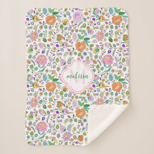おもしろいカラフル可愛いフローラモノグラムベビーガール シェルパブランケット (正面)