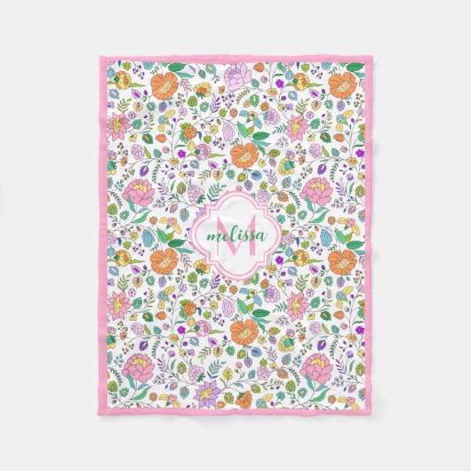 おもしろいカラフル可愛いフローラモノグラムベビーガール フリースブランケット (正面)