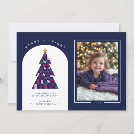 おもしろいカラフル市松模様にクリスマスツリー写真 シーズンカード (正面)