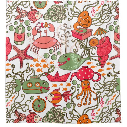 おもしろいカラフル海洋生物 シャワーカーテン (正面)